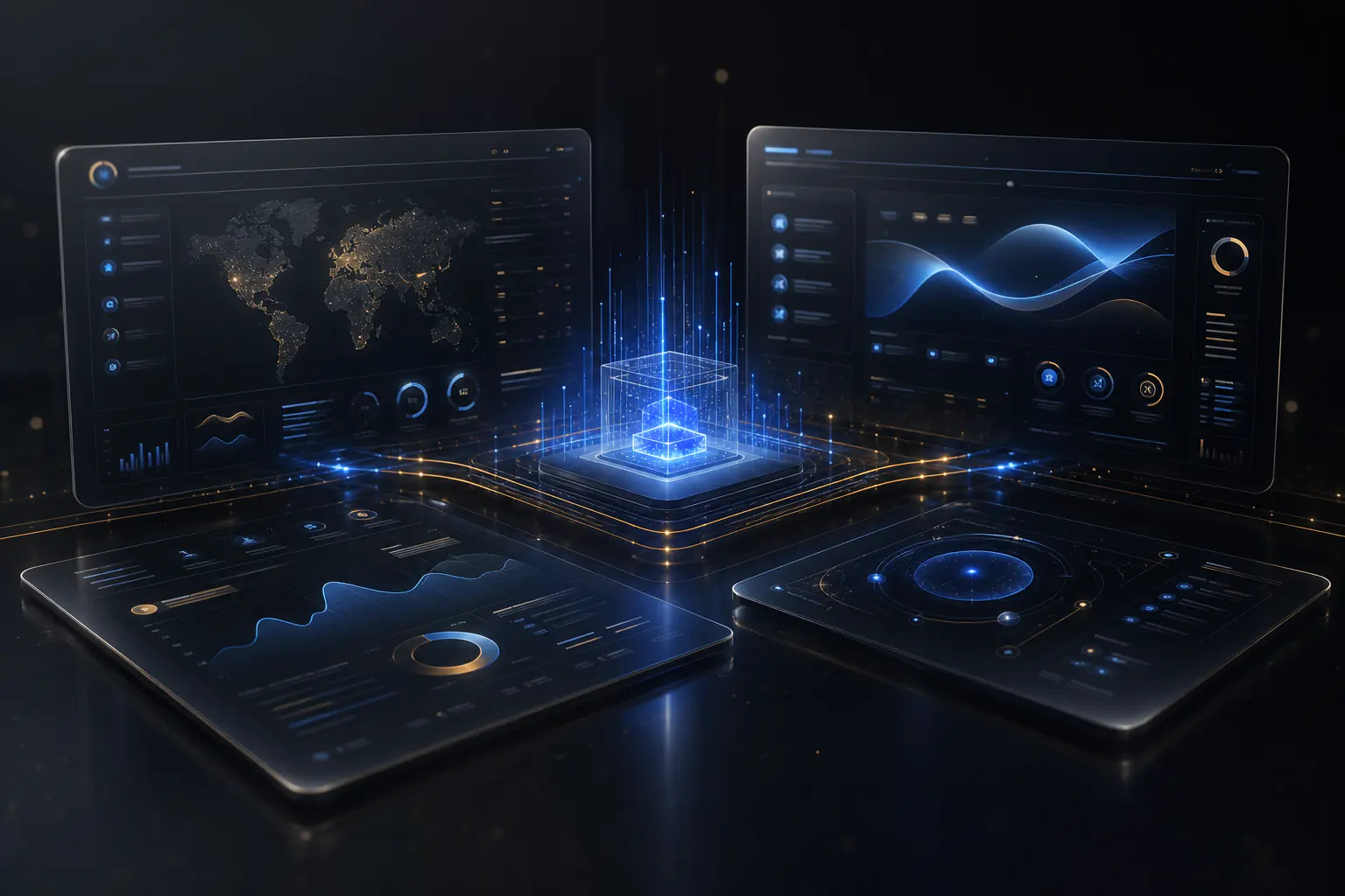 Cinematic dark luxury AI business dashboard scene for Veyra