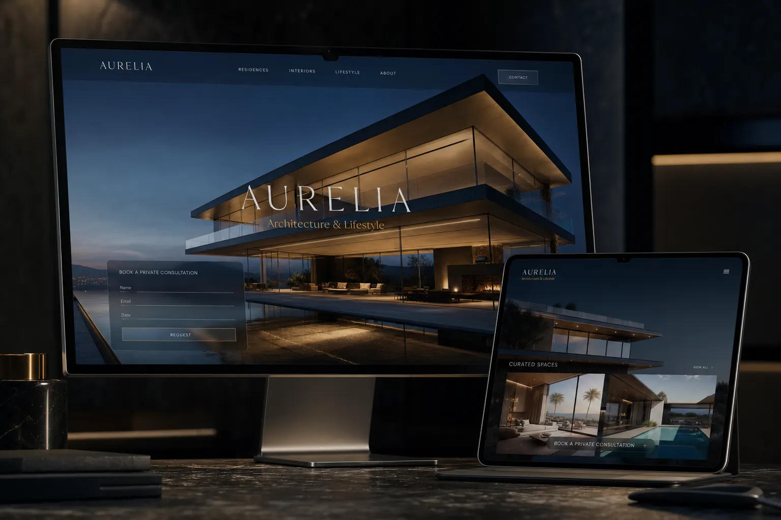 AURELIA luxury architecture and lifestyle website render with desktop and tablet mockups